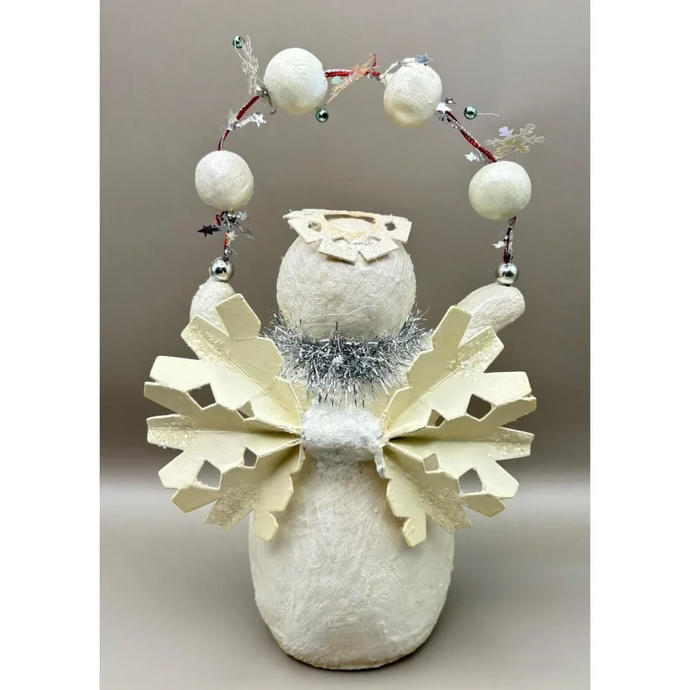 Vintage Primitive Snowman Angel Christmas Figurine Hope Garland Silver Accents